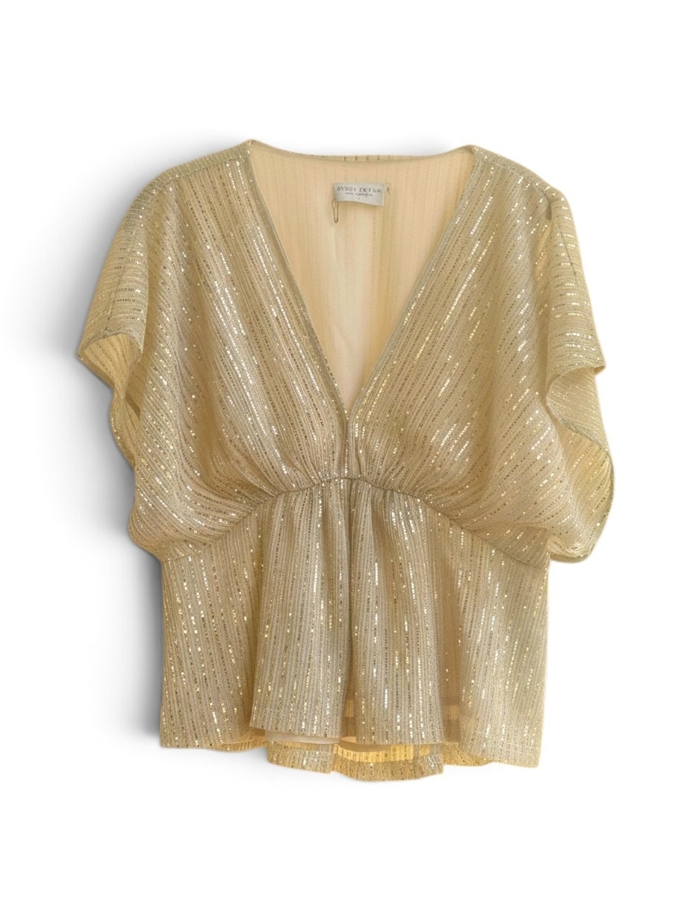 Dress Forum Metallic Sequined Striped Shimmer V-Neck Dolman Sleeve Blouse Sz L
